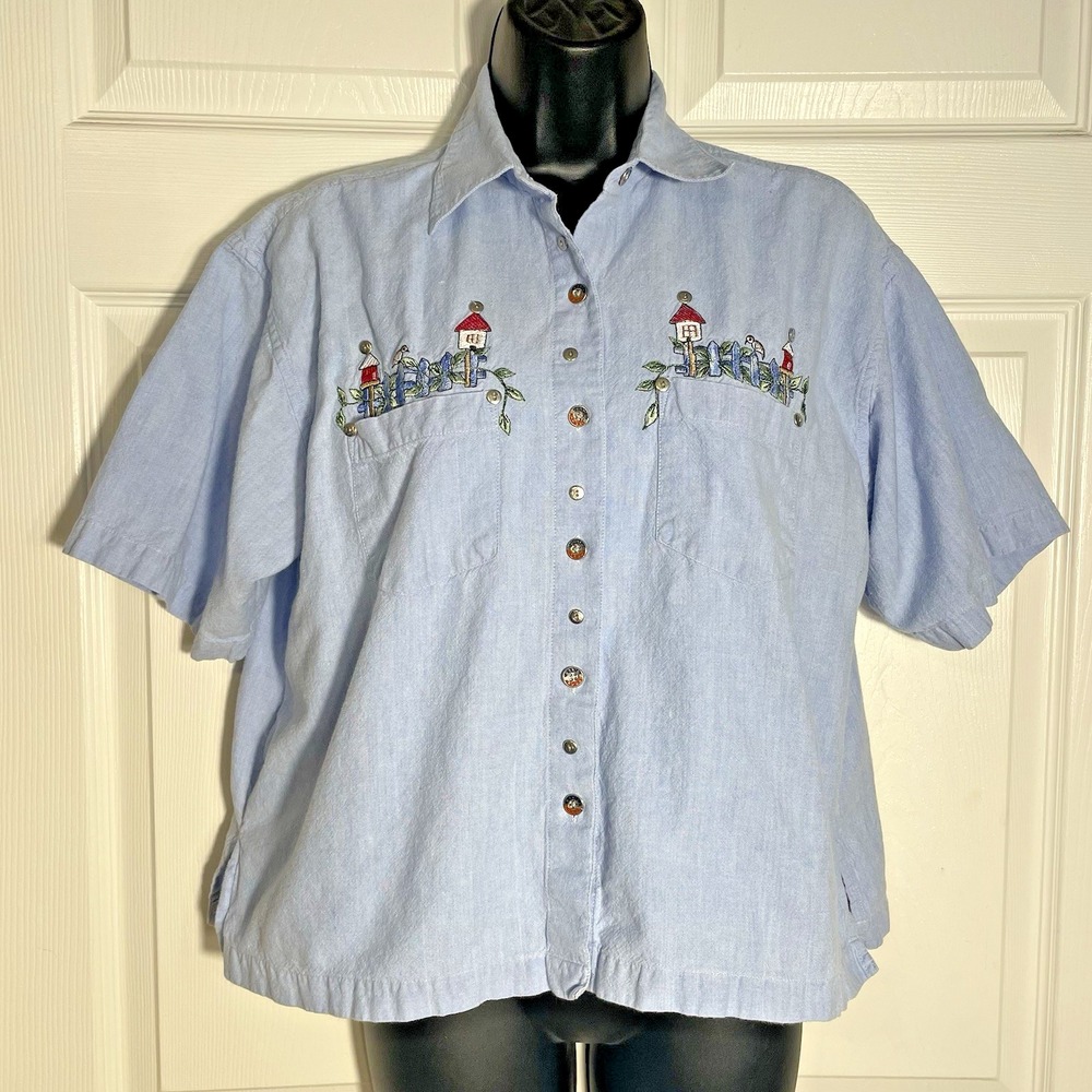 Citi Craze Shirt Women L Blue Embroidered Birdhouse Y2K Short Sleeve Button Up‎